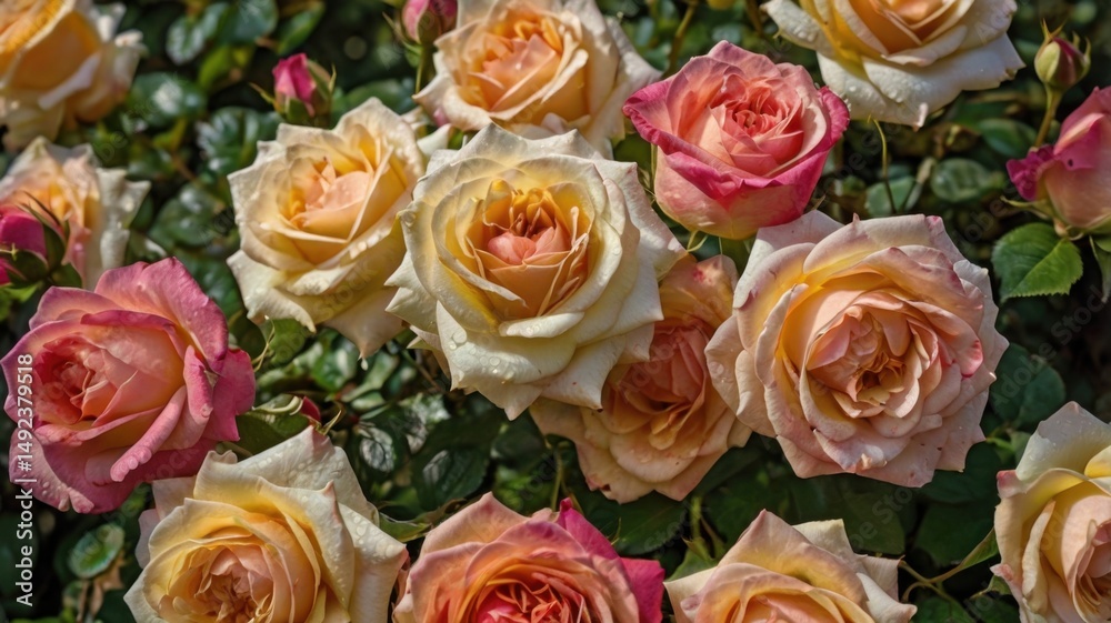 Obraz premium Peach Roses with Water Droplets in Garden