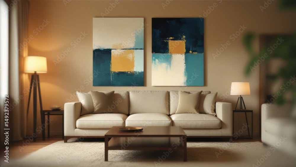 Fototapeta premium Stylish Living Room with Two Modern Abstract Canvases
