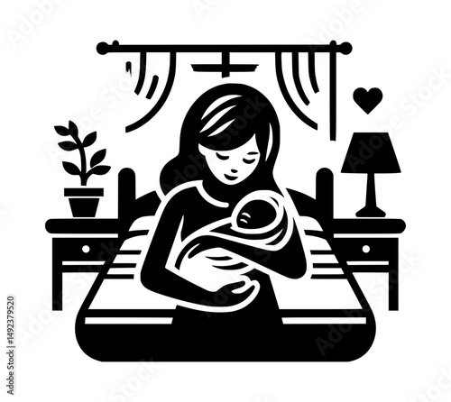 mother stood by bed holding newborn baby icon logo black color white background vector