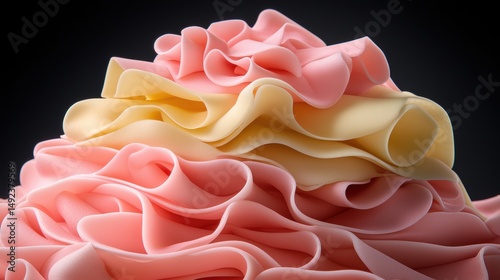 A stack of ruffled pink and yellow fabric.
