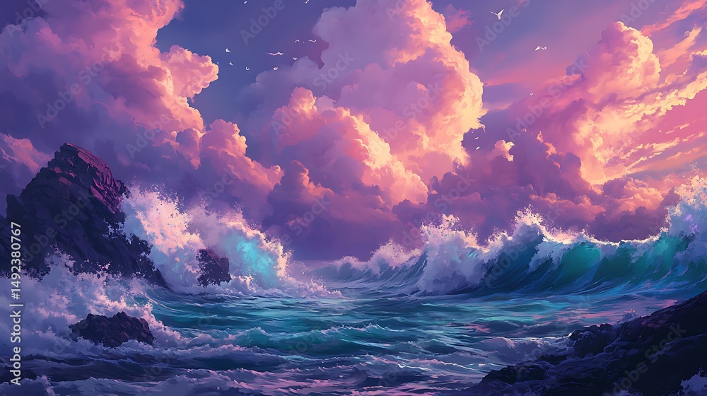 Fototapeta premium Ocean waves crashing against rocky cliffs under a dramatic sky