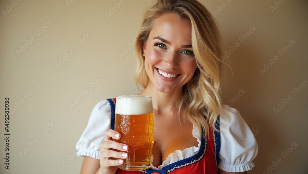Woman in traditional dress holding a beer. Woman in traditional dress holding a beer.