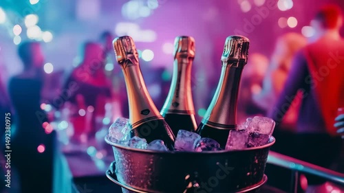 bottles of champagne in bucket with ice cubes on the table in nightclub, people on the background