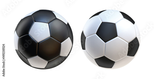 3d soccer balls icons white and black color. 3d vector render Symbol or emblem football . Vector illustration