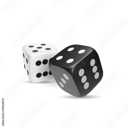 White photorealistic 3d cube for games. Dice icon in flight closeup isolated on white background. Vector illustration.