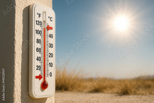Thermometer mounted on an outdoor wall showing extremely high temperatures in both Fahrenheit and Celsius under direct sunlight in a dry, grassy landscape. Concept of global warming, extreme heat