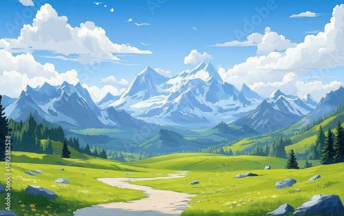 Peaceful mountainous landscape with snow-capped peaks, lush green meadows, scattered rocks, pine trees, and a winding dirt path under a bright blue sky with fluffy clouds