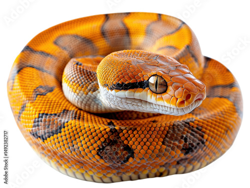 Bright orange snake coiled with detailed scales and sharp eyes in close up view