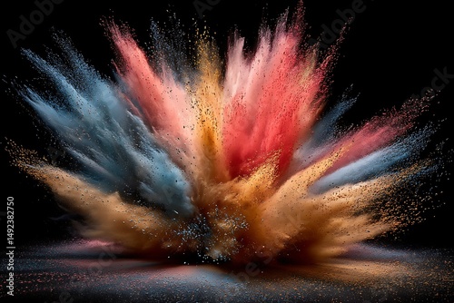 Vibrant explosion of colorful powder against a black background Art concept.