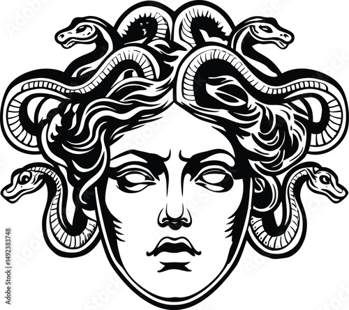 Medusa Gorgo with snake hair, created in a generative AI sketch engraving style. Black and white scratchboard imitation for a bold, mythological look.