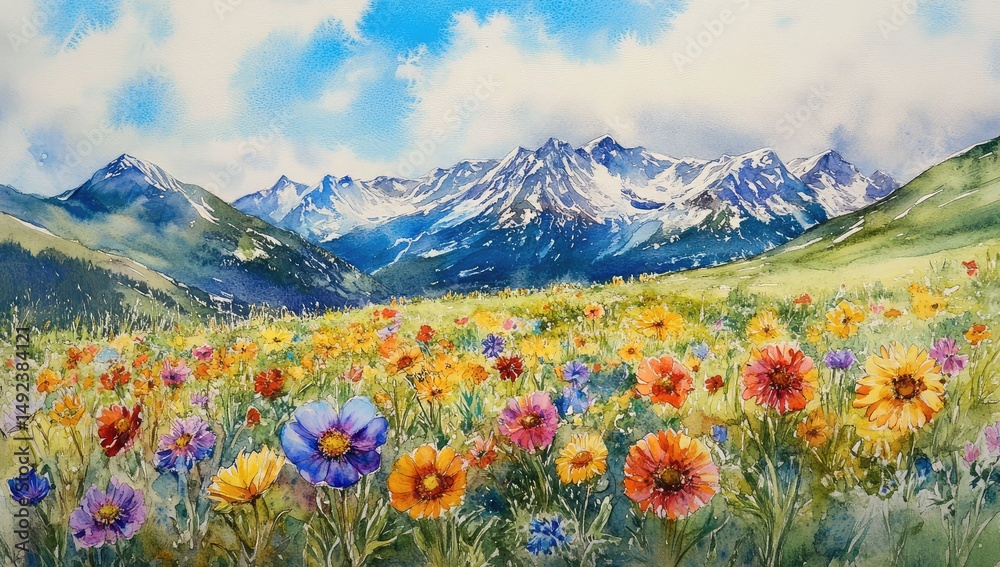 Fototapeta premium Alpine flower meadow with snow-capped peaks