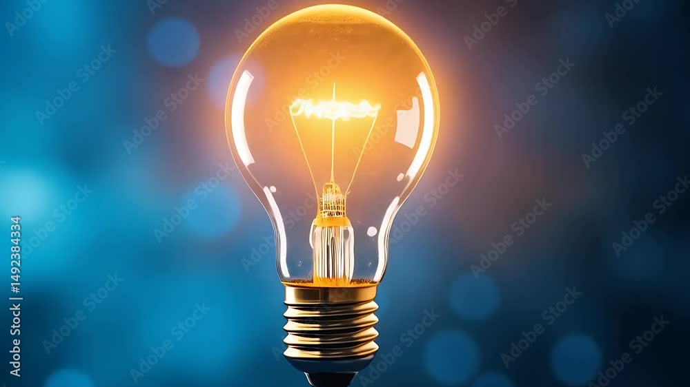 Glowing light bulb animation, smart idea concept against a blurry blue digital background, loop video, 4k