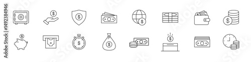 Money icons. Finance vector set. Cash money line icon. Money isolated sign. Bank line icons. Dollar cash sign. Banking finance sign.