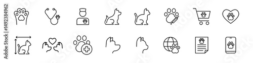 Pet care icons. Pet care vector set. Animal isolated sign. Grooming signs set. Cat nad dog line icon.