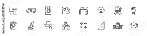 School icons. Back to school vector set. Isolated college line icon. Education icon set. Student  class sign. Desk line vector set.