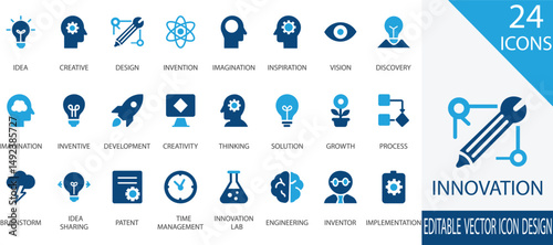 A modern vector icon set representing key concepts of innovation and creativity including ideas, invention, design thinking, inspiration, development, brainstorming, and engineering solutions.
