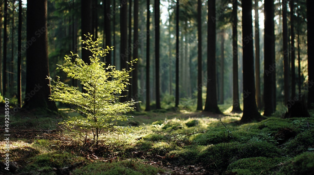 Obraz premium Young sapling in sunlit forest floor