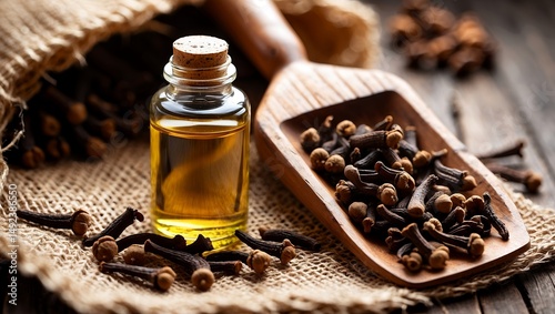 Close up of clove oil and rustic spices