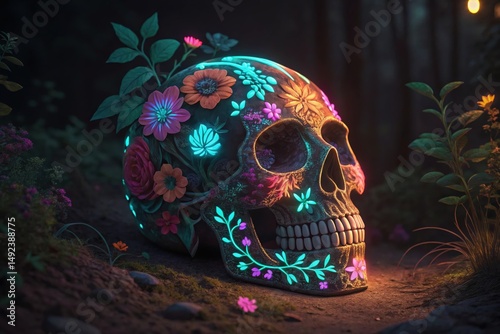 Glowing Floral Skull in Dark Forest Digital Art