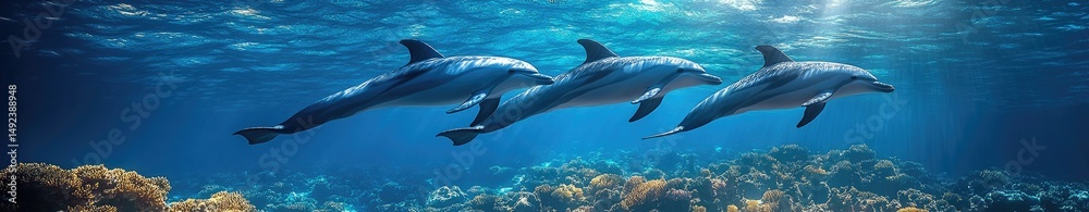 Fototapeta premium Three dolphins swimming in a blue ocean.
