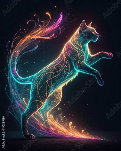 Luminous Cat A Vibrant Digital Art Illustration of a Mystical Feline