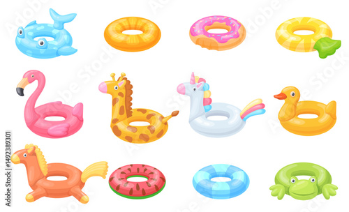 Cartoon swimming rings. Swim ring, inflatable floater rubber circle tube summer beach pool kid toy animal design duck flamingo donut unicorn lifebuoy set, neat vector illustration