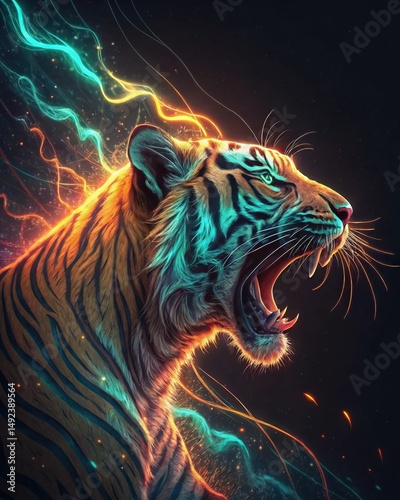 Roaring Tiger in Vibrant Neon Energy Burst Digital Art