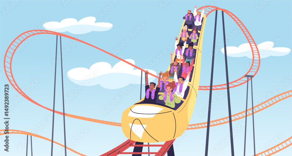 People roller coaster. Friends coworkers ride on rollercoaster in amusement park, thrill happy emotion extreme attraction fast train rail, summer holiday classy vector illustration
