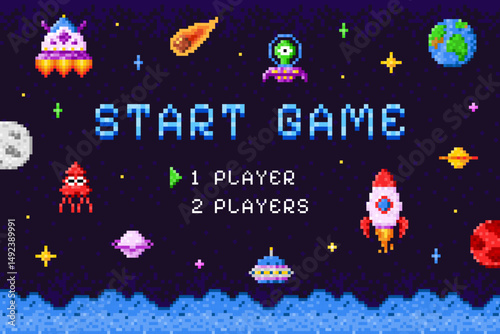 Arcade game start screen. Pixel videogame display interface, retro computer console platform vintage machine monitor 8 16 bit ui press play score gaming, swanky vector illustration