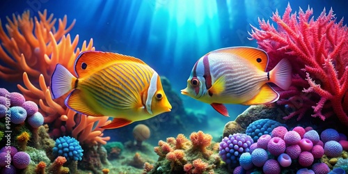 Vibrant Marine Life Encounter Two Colorful Fish Gracefully Interact Amidst a Lush Coral Reef Ecosystem