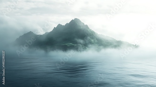 Misty mountain over calm waters