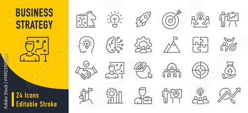 Business Strategy web icons in line style. Strategy, startup, teamwork, people, plan, payment, management, target, employee, infographic. Icon collection. Vector illustration.