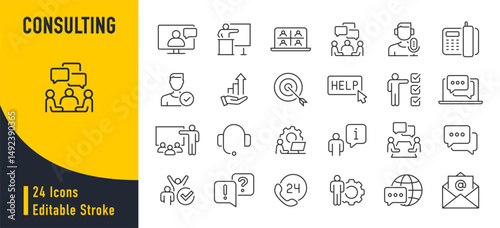 Consulting web icons in line style. Consultation, meeting, conference, service, communication, collection. Vector illustration.