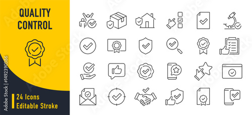 Quality Control web icons in line style. Certified, inspect, manufacture, production, analysis, collection. Vector illustration.