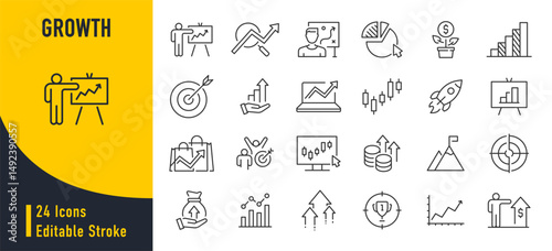 Growth web icons in line style. Target, graph, investment, performance, profit, collection. Vector illustration.