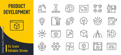 Product Development web icons in line style. Sturtup, funding, target, team, ipo, collection. Vector illustration.