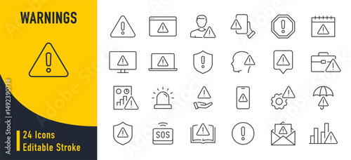 Warnings web icons in line style. Warning sign, alert, stop, notification, security, collection. Vector illustration.