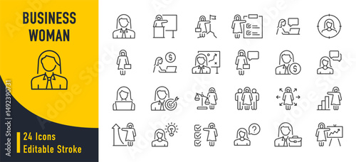 Businesswoman web icons in line style. Power women, career, success, business, collection. Vector illustration.