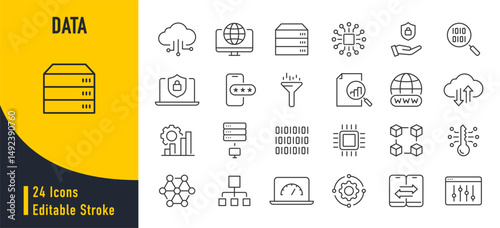 Data web icons in line style. Statistics, analysis, database, server, processing, data, collection. Vector illustration.
