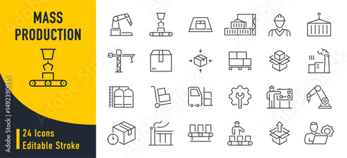 Mass Production web icons in line style. Robot, productive, workflow, industrial, automation, collection. Vector illustration.