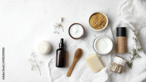 Flat Lay of Natural Skincare Products on White Linen Texture