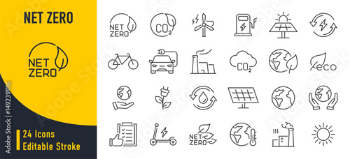 Net Zero web icons in line style. Green energy, CO2 neutral, gas emissions, climate, ecology, collection. Vector illustration.