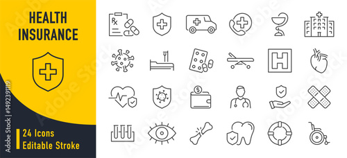 Health insurance web icons in line style. Protection, accident, diagnostic, safety, doctor, collection. Vector illustration.