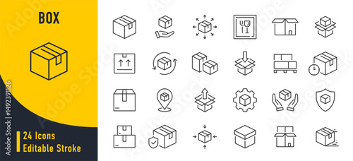 Box web icons in line style. Delivery box, package, cargo box, export, distribution, collection. Vector illustration.