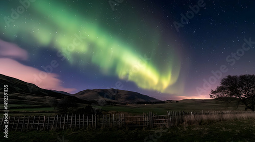 Aurora Borealis Over Rural Landscape At Night
