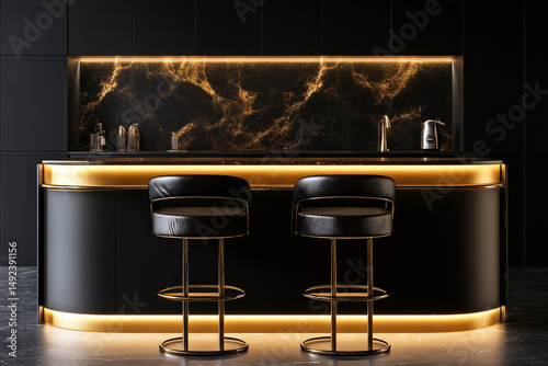 Sophisticated kitchen interior with black and gold elements, soft LED underlighting, and modern bar stools. photo