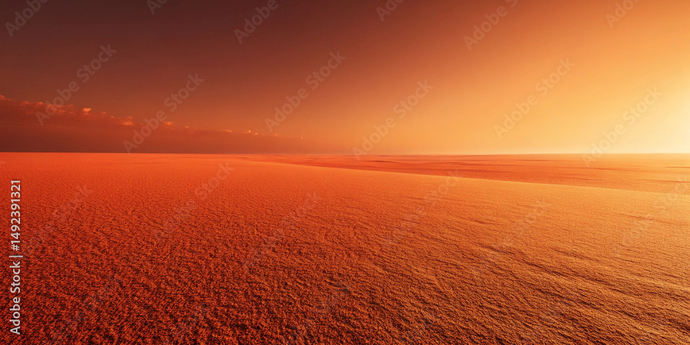 Fototapeta premium Golden desert landscape with rippled sand and calm water at sunset in warm orange light, serene nature travel background.