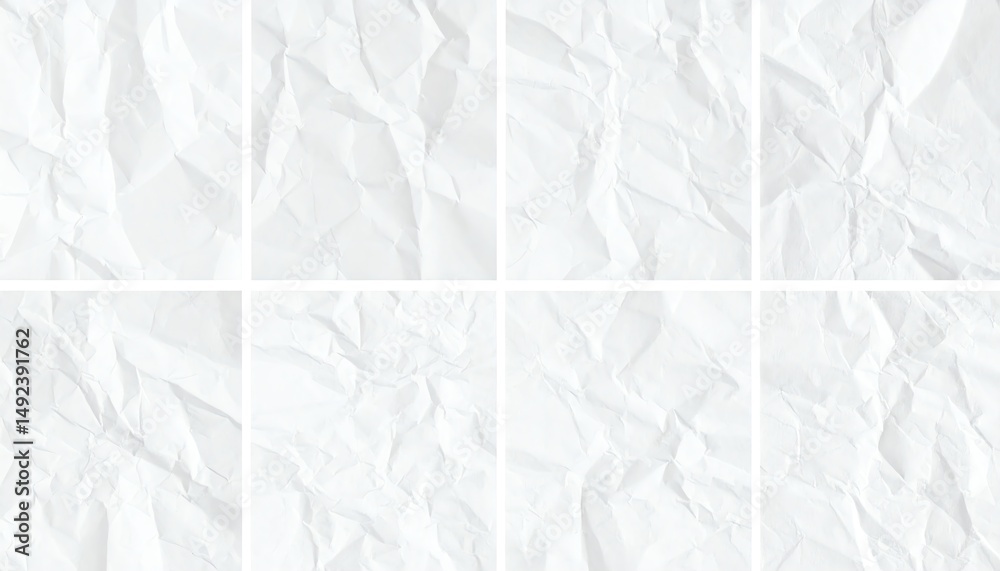 Obraz premium Crumpled white paper textures arranged in a grid, showcasing varying degrees of wrinkling and shadow, ideal for backgrounds or design elements