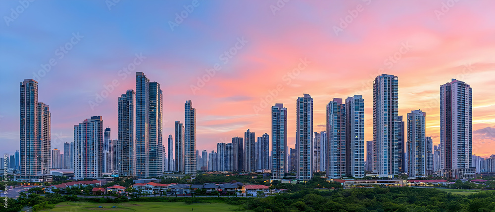 Obraz premium Panoramic View Of Modern City Skyline At Sunset