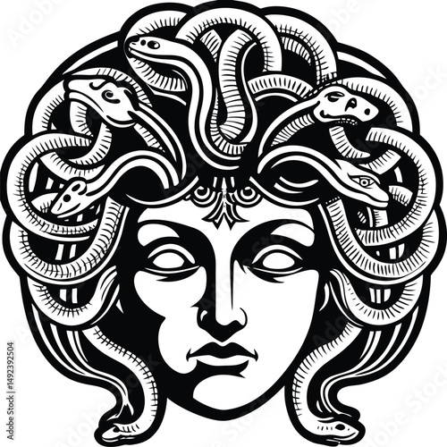 Medusa Gorgo with snake hair, created in a generative AI sketch engraving style. Black and white scratchboard imitation for a bold, mythological look.